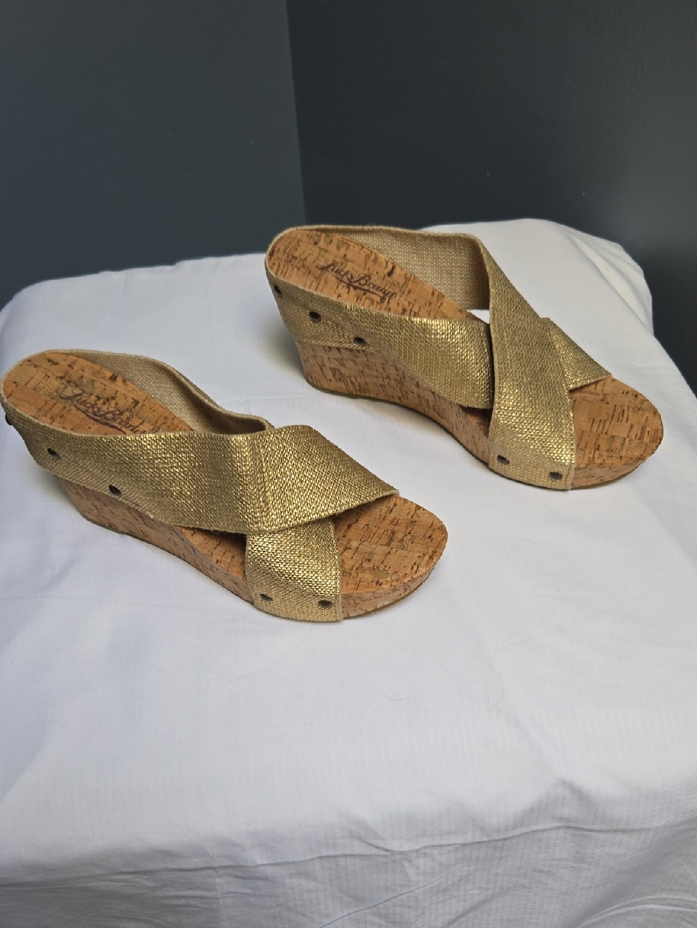Lucky Brand Metallic Gold 9.5 Cork Wedge Sandals - Women